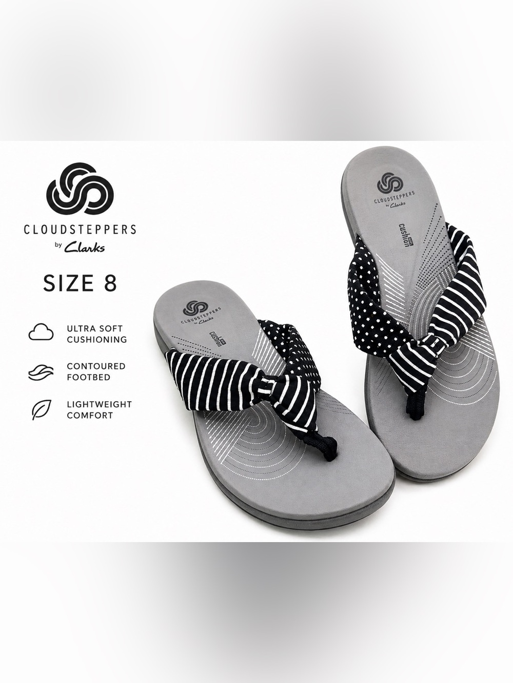 Clarks Arla Glison CloudSteppers Women’s Sandals Black White size 8 polka dot